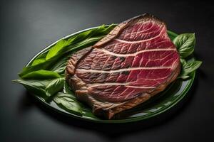 Raw beef sirloin steak with ingredients for cooking on wooden background. ai generative photo