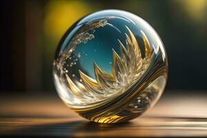 Transparent crystal ball on a wooden table. ai generative photo