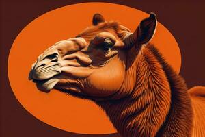 Camel head on solid color background, close up. Vintage style. ai generative photo