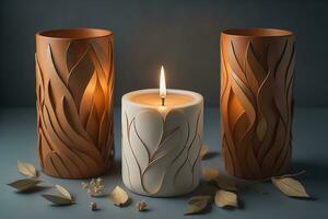 Creative burning candle on a wooden background. ai generative photo