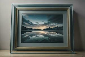 Glass picture frame on a solid color background. ai generative photo