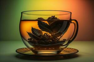 Cup of tea with mint leaves on wooden table, closeup. ai generative photo