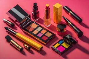 collection of make-up and cosmetic beauty products arranged on red background. ai generative photo