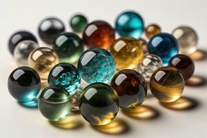 Colorful glass marbles on a the table. Selective focus. ai generative photo