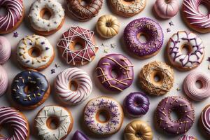 Variety of donuts on a solid color background. Top view. ai generative photo