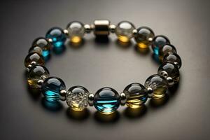 Bracelet with colorful stones on a black background close-up. ai generative photo