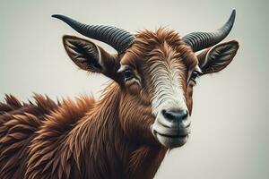 Head of a goat with big horns. ai generative photo