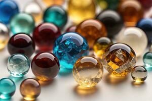 Colorful glass marbles on a the table. Selective focus. ai generative photo