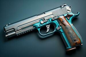 Semi-automatic handgun on a solid color background. Close-up. ai generative photo