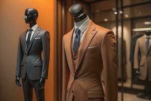 Stylish suits on mannequins on solid color background, closeup. ai generative photo