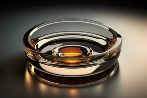 Empty glossy transparent ashtray on a dark background. ai generative photo