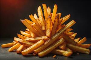 Appetizing french fries on the wooden table, close-up photo