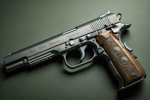 Semi-automatic handgun on a solid color background. Close-up. ai generative photo