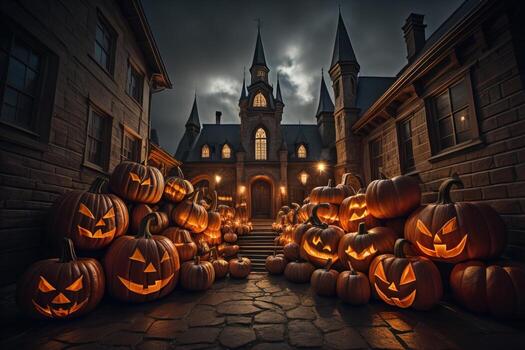 Halloween pumpkins in front of haunted house. ai generative photo
