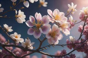 cherry blossom sakura flower on blue sky background, ai generative photo