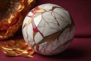 Colorful marble ball on a solid colour background. Close-up. ai generative photo