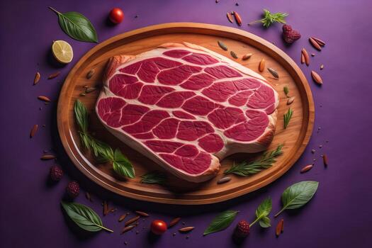 Raw beef sirloin steak with ingredients for cooking on wooden background. ai generative photo