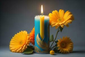 Creative burning candle on a wooden background. ai generative photo