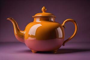 A ceramic teapot on a colid color background. ai generative photo