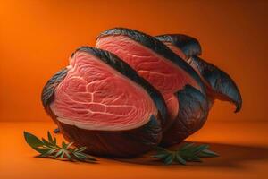 Raw beef sirloin steak with ingredients for cooking on wooden background. ai generative photo