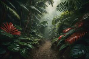 A pathway in tropical rainforest with palm trees and path in the mist. ai generative photo