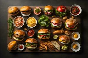 hamburguesas con francés papas fritas en de madera mesa, de cerca. ai generativo foto