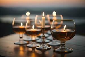Burning candles in glasses on wooden table, closeup. Space for text. ai generative photo