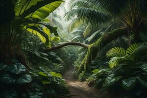 A pathway in tropical rainforest with palm trees and path in the mist. ai generative photo