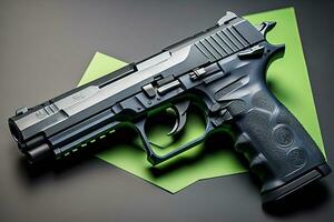 Semi-automatic handgun on a solid color background. Close-up. ai generative photo