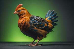 Colorful chicken on a solid color background, studio photo. ai generative photo
