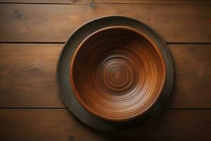 Empty wooden bowl on wooden background. Top view. Copy space. ai generative photo