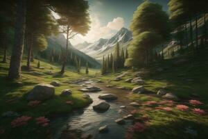 Beautiful fantasy landscape with a river in the mountains. ai generative photo