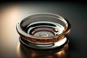 Empty glossy transparent ashtray on a dark background. ai generative photo