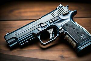 Semi-automatic handgun on a solid color background. Close-up. ai generative photo