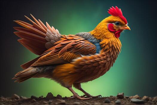 Colorful chicken on a solid color background, studio photo. ai generative photo