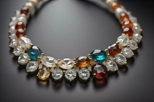 necklace on a black background with a lot of jewelry precious stones. ai generative photo
