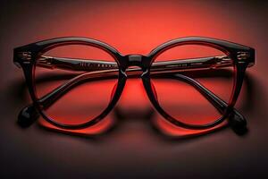 Stylish glasses on wooden table. Fashionable eyeglasses. ai generative photo