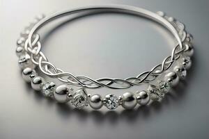 Silver necklace on a solid color background in close-up. ai generative photo