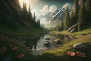 Beautiful fantasy landscape with a river in the mountains. ai generative photo