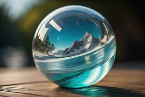 Transparent crystal ball on a wooden table. ai generative photo