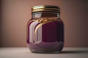 a glass jar on wooden table. ai generative photo