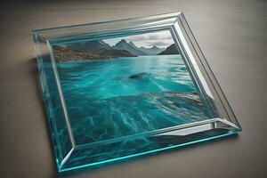 Glass picture frame on a solid color background. ai generative photo