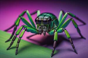 jumping spider closeup on solid color background, copyspace. ai generative photo