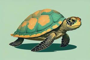 ilustración de un Tortuga en un verde antecedentes en dibujos animados estilo. ai generativo foto