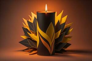 Burning aroma candle on wooden table against solid color background, copyspace. ai generative photo