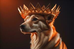 Portrait of a cute dog in a golden crown on a solid color background. ai generative photo