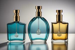 Creative and brandless Perfume bottle and flower on the wooden table, closeup. ai generative photo