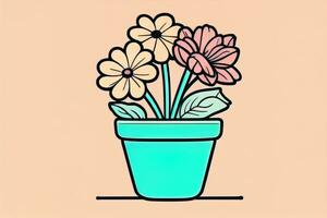 Illustration of a flowerpot with pink and blue flowers on a gray background. ai generative photo