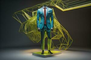 Stylish suits on mannequins on solid color background, closeup. ai generative photo