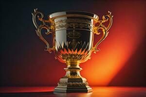 Golden trophy cup on wooden table. Award concept. ai generative photo